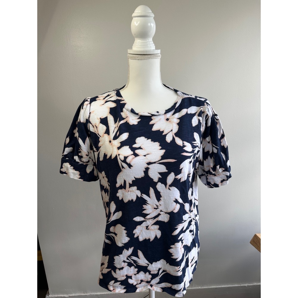Liz Claiborne Navy Blue Floral Puff Short Sleeve Slub Knit Top XXL